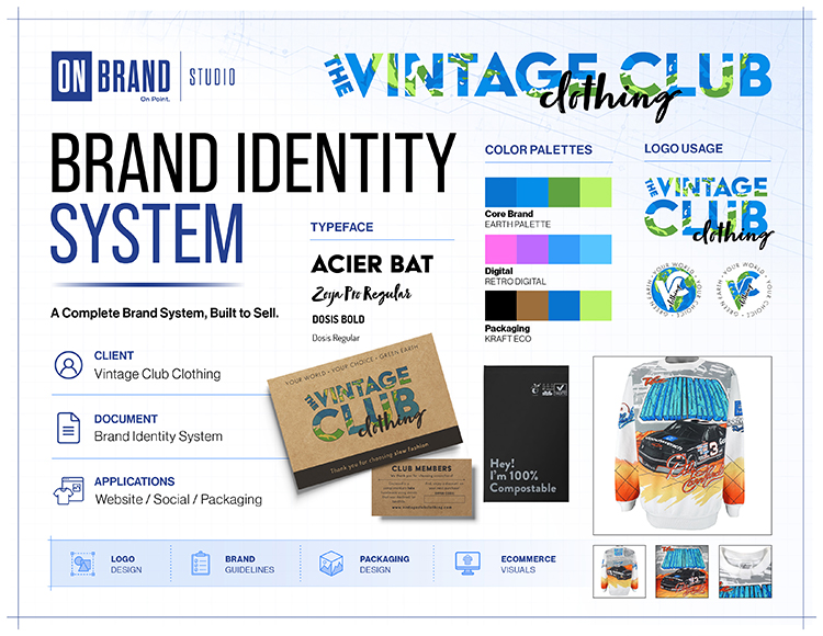 Vintage Club Clothing ecommerce brand identity system with logo typography packaging and apparel brand visuals